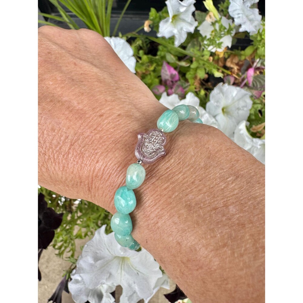 Amazonite Nugget Gemstone bracelet with Czechoslovakian Pressed Glass Hamsa Symb